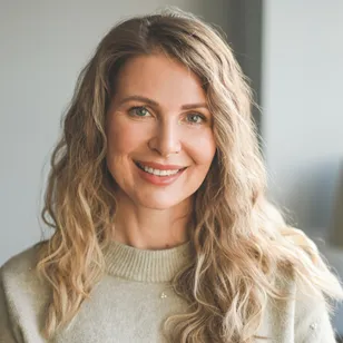 Smiling woman with long blonde hair